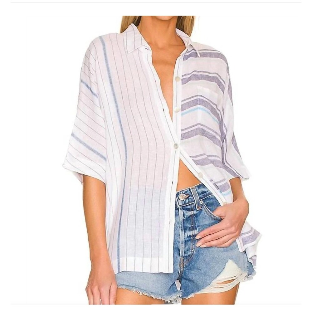 NEW Rails Finley Mixed Aegean Blue Stripe Linen Blend Short Sleeve Shirt XS